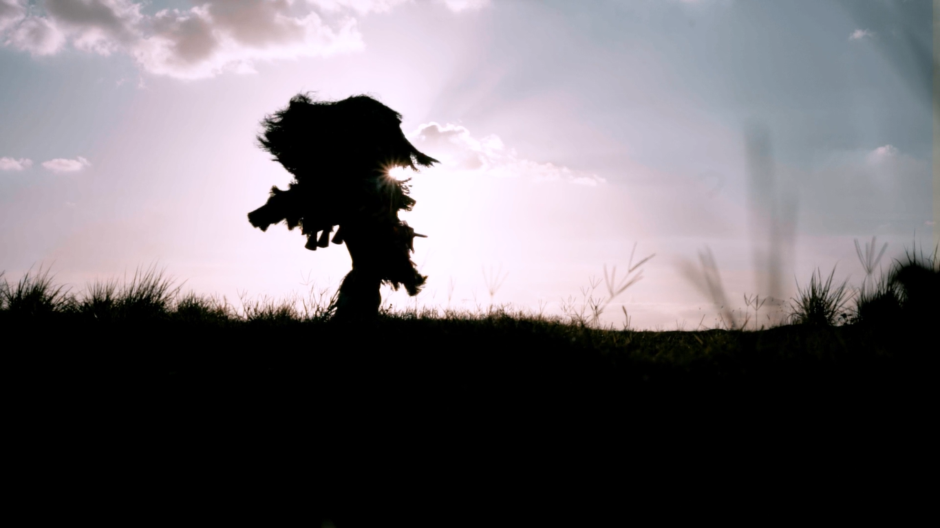 Silhueta de uma pessoa usando um traje tradicional com adornos, em uma paisagem ao entardecer, com o sol brilhando ao fundo e grama ao redor.